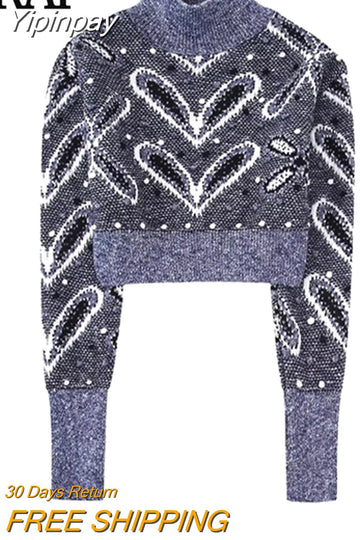 Yipinpay Turtleneck Cropped Sweater Women Jacquard Knitted Sweater Woman 2023 Long Sleeve Knit Top Pullover Winter Women's Jersey